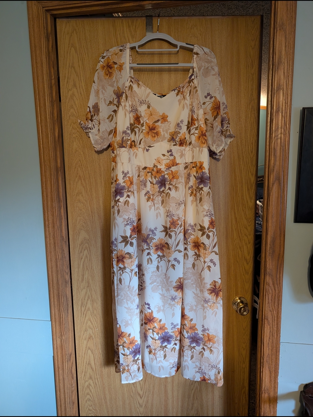 Floral Ivory Midi Dress with Orange & Purple Blooms